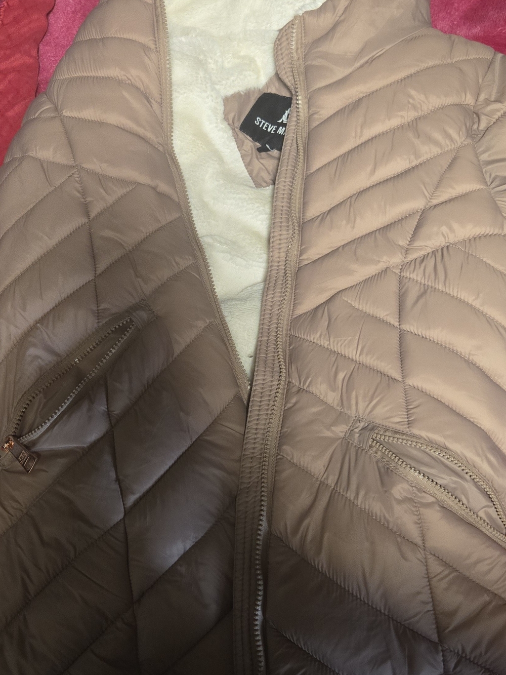 Steve Madden Quilted Taupe Puffer Jacket with Sherpa Lining